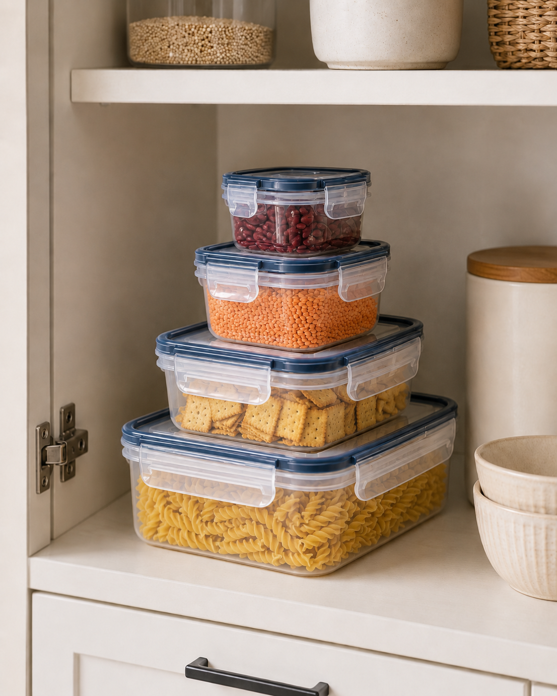 Conjunto de potes herméticos transparentes de plástico com tampa, empilhados e organizados com alimentos no interior.