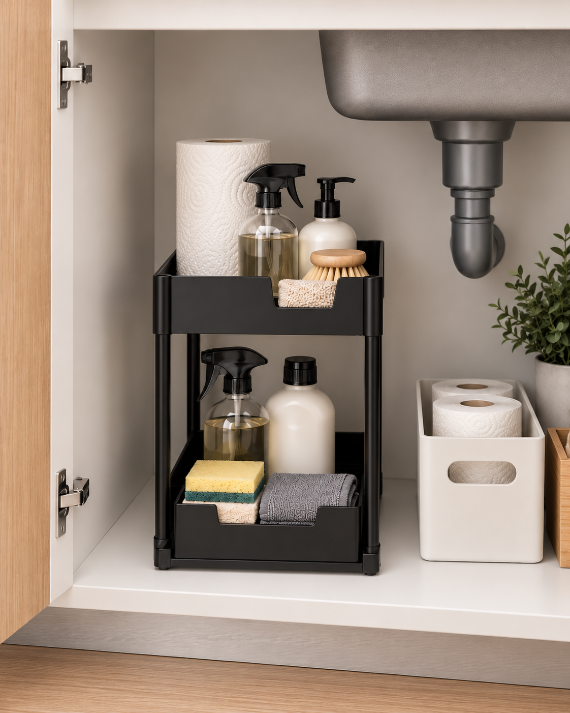 Mais espaço e organização em segundos. Ideal para cozinha, casa de banho ou até para organizar a secretária.